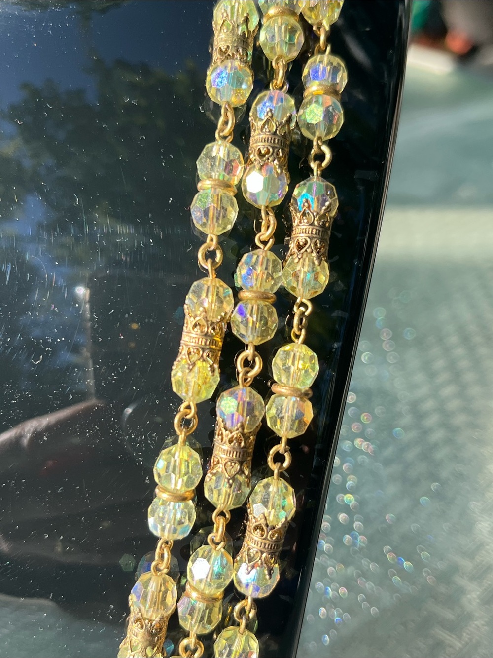 Mid century Gold-Tone Aurora Borealis Beaded Multi-Strand Necklace